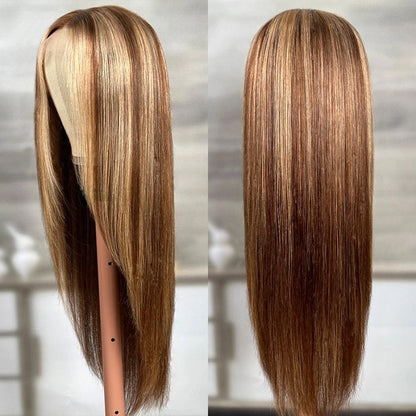 Hermosa 13x4 Transparent Lace Straight Human Hair Wig with 4/27 Highlight Layered Cut - 14 / Mid Part / 5x5 Lace 180% - Lyvelle