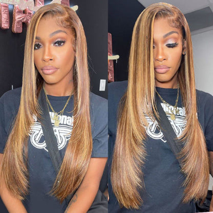 Hermosa 13x4 Transparent Lace Straight Human Hair Wig with 4/27 Highlight Layered Cut - 14 / Mid Part / 5x5 Lace 180% - Lyvelle