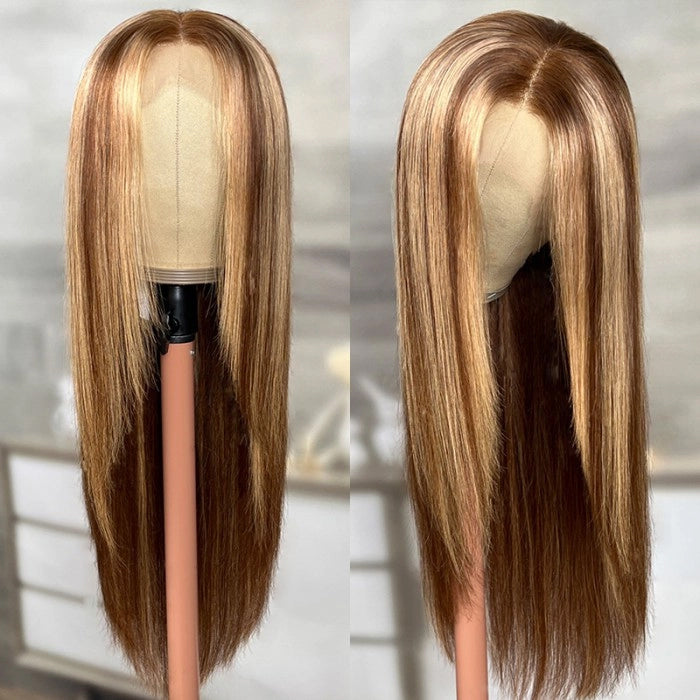 Hermosa 13x4 Transparent Lace Straight Human Hair Wig with 4/27 Highlight Layered Cut - 14 / Mid Part / 5x5 Lace 180% - Lyvelle