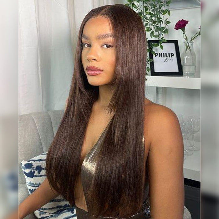 HD Lace Front Wig - #4 Chocolate Brown Layered Straight 13x4 Glueless Human Hair - 14 / Mid Part / 5x5 Lace 180% - Lyvelle