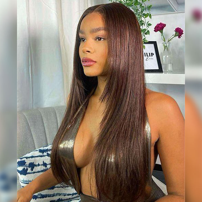 HD Lace Front Wig - #4 Chocolate Brown Layered Straight 13x4 Glueless Human Hair - 14 / Mid Part / 5x5 Lace 180% - Lyvelle