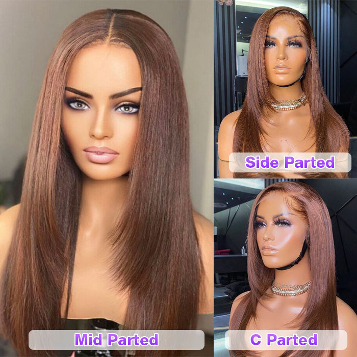 HD Lace Front Wig - #4 Chocolate Brown Layered Straight 13x4 Glueless Human Hair - 14 / Mid Part / 5x5 Lace 180% - Lyvelle