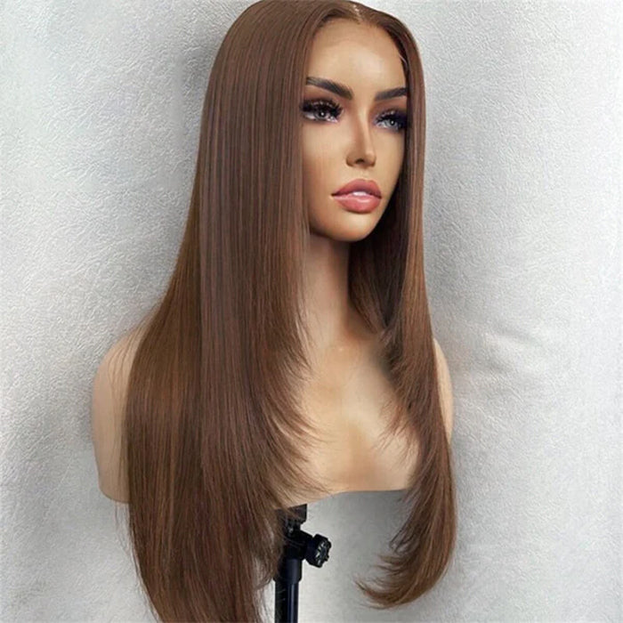 HD Lace Front Wig - #4 Chocolate Brown Layered Straight 13x4 Glueless Human Hair - 14 / Mid Part / 5x5 Lace 180% - Lyvelle