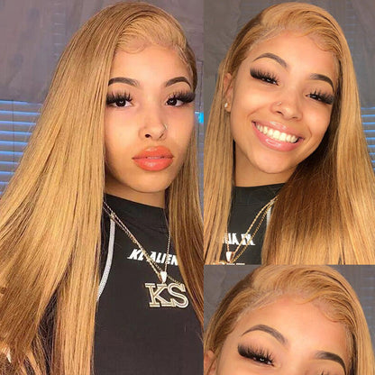 30-Inch Honey Blonde Straight Lace Front Wig - #27 Colored Transparent HD Lace Human Hair - 16 / 4x4 Lace / 150% - Lyvelle