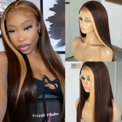 Straight & Body Wave Brown Wig with Honey Blonde Highlight Streaks - 13x4 HD Lace Front Human Hair - 16 / Straight 13*4 / 150% - Lyvelle