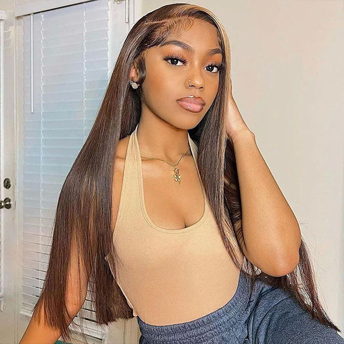 Straight & Body Wave Brown Wig with Honey Blonde Highlight Streaks - 13x4 HD Lace Front Human Hair - 16 / Straight 13*4 / 150% - Lyvelle