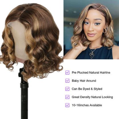 Short Bob Wig with Body Wave and P4/27 Highlights - 13x4/4x4 Lace Front Human Hair Wig with Pre-Plucked Baby Hair - 10 / 13x4 Lace / 150% - Lyvelle