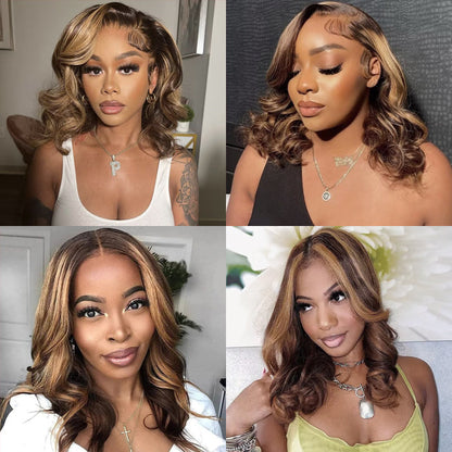 Short Bob Wig with Body Wave and P4/27 Highlights - 13x4/4x4 Lace Front Human Hair Wig with Pre-Plucked Baby Hair - 10 / 13x4 Lace / 150% - Lyvelle