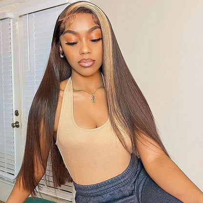 Straight & Body Wave Brown Wig with Honey Blonde Highlight Streaks - 13x4 HD Lace Front Human Hair - 16 / Straight 13*4 / 150% - Lyvelle