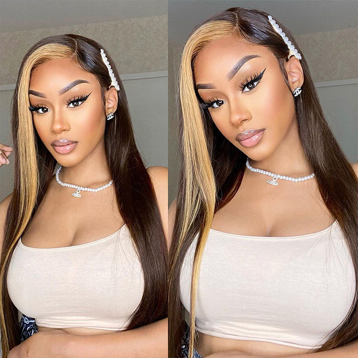 Straight & Body Wave Brown Wig with Honey Blonde Highlight Streaks - 13x4 HD Lace Front Human Hair - 16 / Straight 13*4 / 150% - Lyvelle