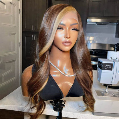 Straight & Body Wave Brown Wig with Honey Blonde Highlight Streaks - 13x4 HD Lace Front Human Hair - 16 / Straight 13*4 / 150% - Lyvelle