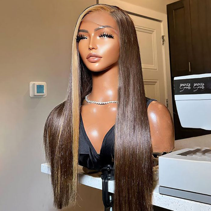 Straight & Body Wave Brown Wig with Honey Blonde Highlight Streaks - 13x4 HD Lace Front Human Hair - 16 / Straight 13*4 / 150% - Lyvelle