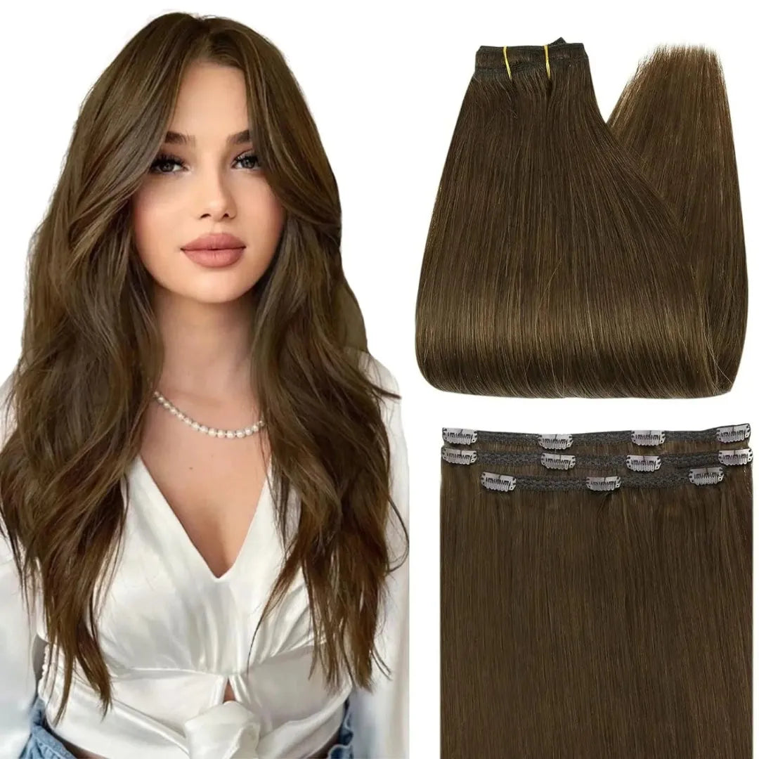 Full Shine Ombre Human Hair Clip-In Extensions – 3-Piece Set - 12" / Straight / 4 - Lyvelle