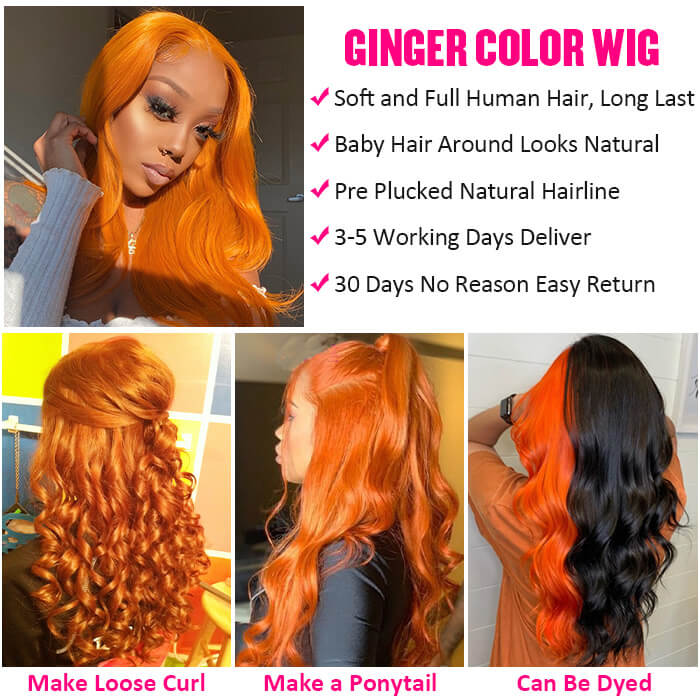 Orange Ginger 13x4/13x6 HD Lace Front Wig - Straight & Body Wave Pre-Colored Human Hair - 16 / 13x4 Lace / Straight-150% - Lyvelle