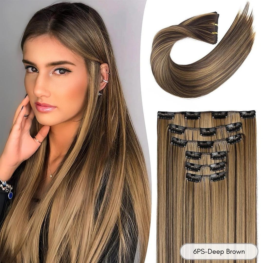 24-Inch Straight Synthetic Clip-In Hair Extensions – Full Head Set - 24" / Straight / 6PS-Deep Brown - Lyvelle