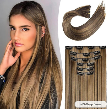 24-Inch Straight Synthetic Clip-In Hair Extensions – Full Head Set - 24" / Straight / 6PS-Deep Brown - Lyvelle