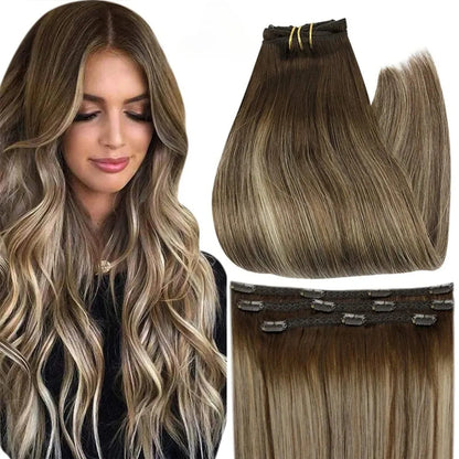 Full Shine Ombre Human Hair Clip-In Extensions – 3-Piece Set - 12" / Straight / 4 24 4(4 27 4) - Lyvelle