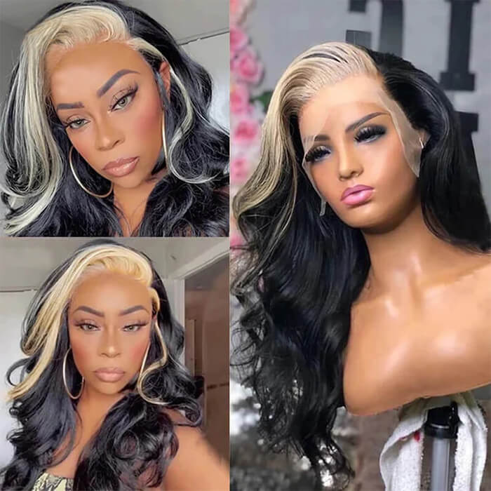 13x4 HD Lace Wig with Body Wave and Blonde/Red/Green Skunk Stripe Highlights - 18 / 150% / 613 - Lyvelle