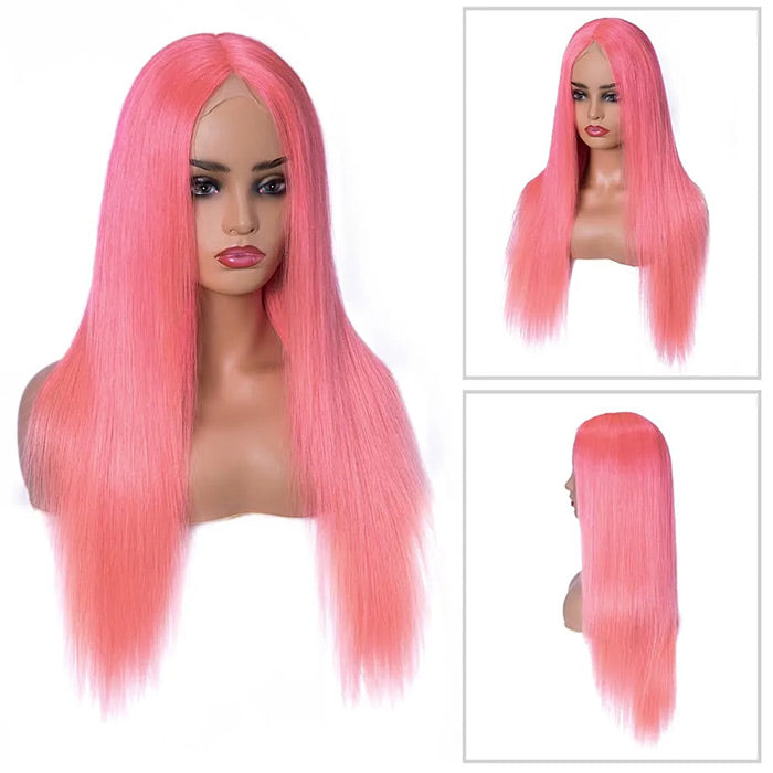 13x4 HD Lace Frontal Straight Pink Human Hair Wig for Women - Pre-Plucked with Bleached Knots - 12 / 13x4 Lace / 150% - Lyvelle