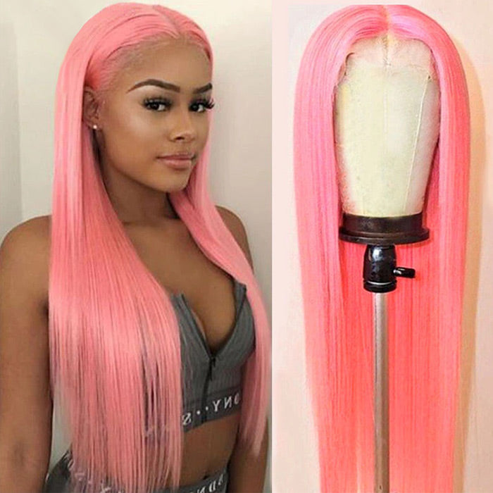 13x4 HD Lace Frontal Straight Pink Human Hair Wig for Women - Pre-Plucked with Bleached Knots - 12 / 13x4 Lace / 150% - Lyvelle