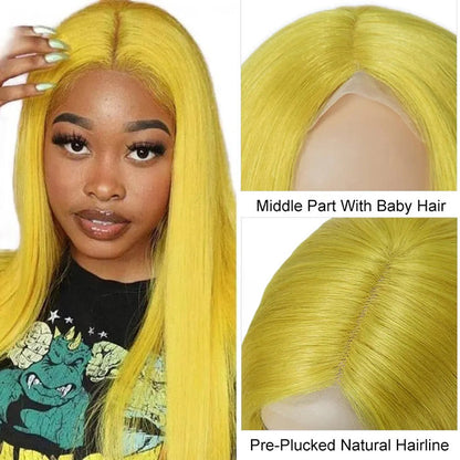 Yellow Human Hair HD Lace Front Wig - Invisible Glueless Cosplay Wig for Women - 12 / 150% / Straight - Lyvelle