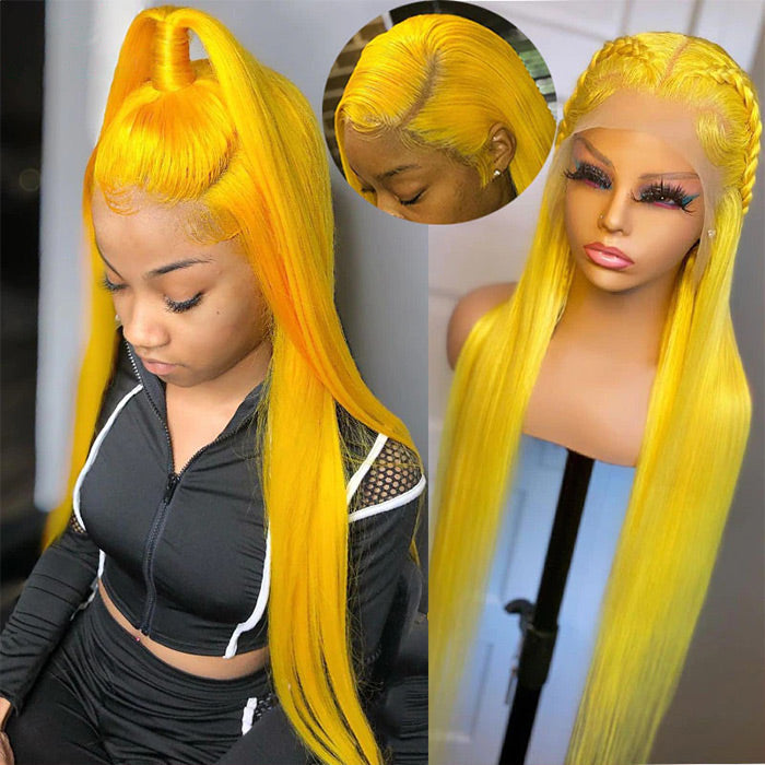 Yellow Human Hair HD Lace Front Wig - Invisible Glueless Cosplay Wig for Women - 12 / 150% / Straight - Lyvelle