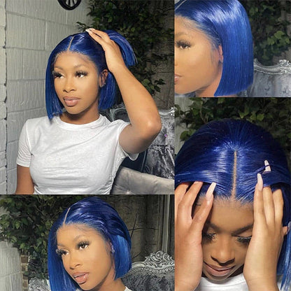 Straight Blue Bob Wig - 150% Density, 13x4 Lace Front, Natural Hairline, Human Hair - 8 / 13x4 Lace / 150% - Lyvelle