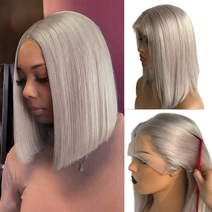 Grey 13x4 Lace Front Human Hair Wig - Straight Silver Bob for Black Women, Pre-Plucked with 150% Density - 10 - Lyvelle