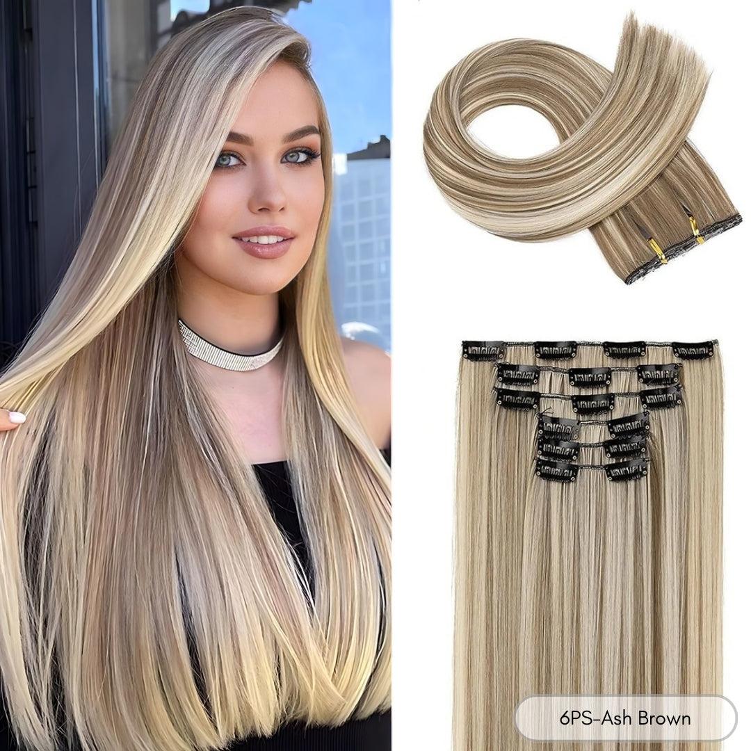 24-Inch Straight Synthetic Clip-In Hair Extensions – Full Head Set - 24" / Straight / 6PS-Ash Brown - Lyvelle