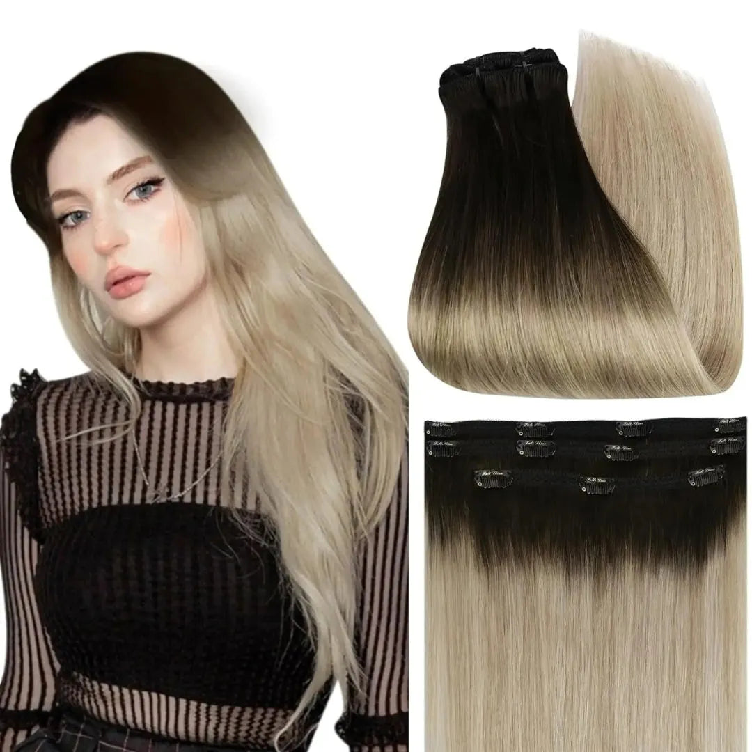 Full Shine Ombre Human Hair Clip-In Extensions – 3-Piece Set - 12" / Straight / 2 18 60 - Lyvelle