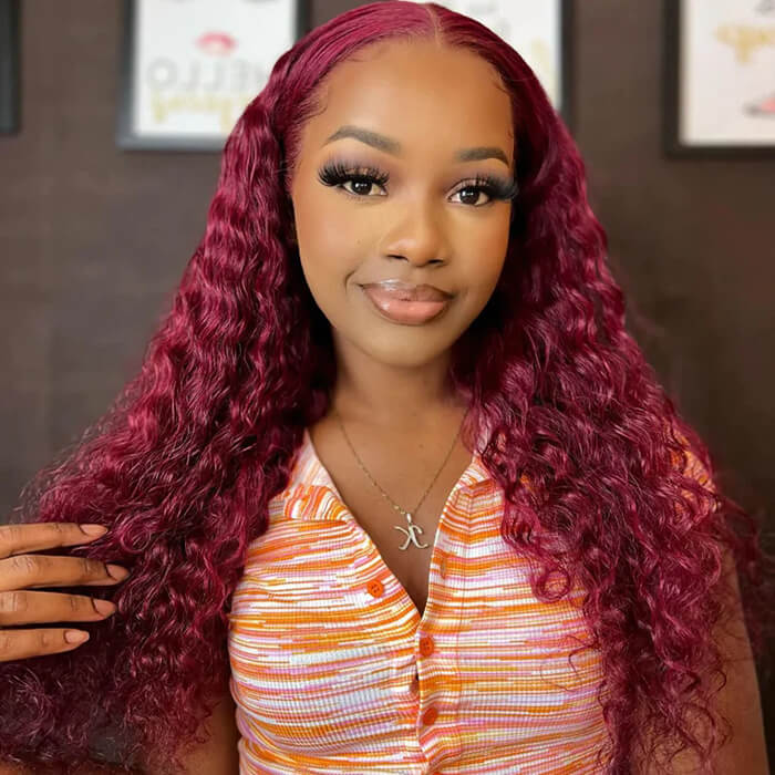 13x4 HD Lace Front Deep Wave Wig in Burgundy 99J - Pre-Plucked Human Hair - 14 / 13x4 Lace / 150% - Lyvelle