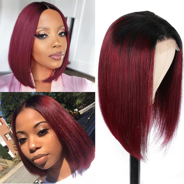 Short Straight Bob Wig in 1B/99J Burgundy Ombre - Human Hair with Pre-Plucked Hairline - 10 / 4x4 Lace / 150% - Lyvelle