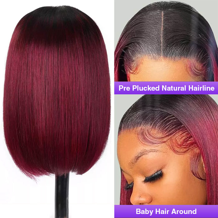 Short Straight Bob Wig in 1B/99J Burgundy Ombre - Human Hair with Pre-Plucked Hairline - 10 / 4x4 Lace / 150% - Lyvelle