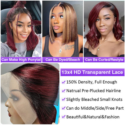 Short Straight Bob Wig in 1B/99J Burgundy Ombre - Human Hair with Pre-Plucked Hairline - 10 / 4x4 Lace / 150% - Lyvelle