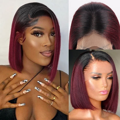 Short Straight Bob Wig in 1B/99J Burgundy Ombre - Human Hair with Pre-Plucked Hairline - 10 / 4x4 Lace / 150% - Lyvelle