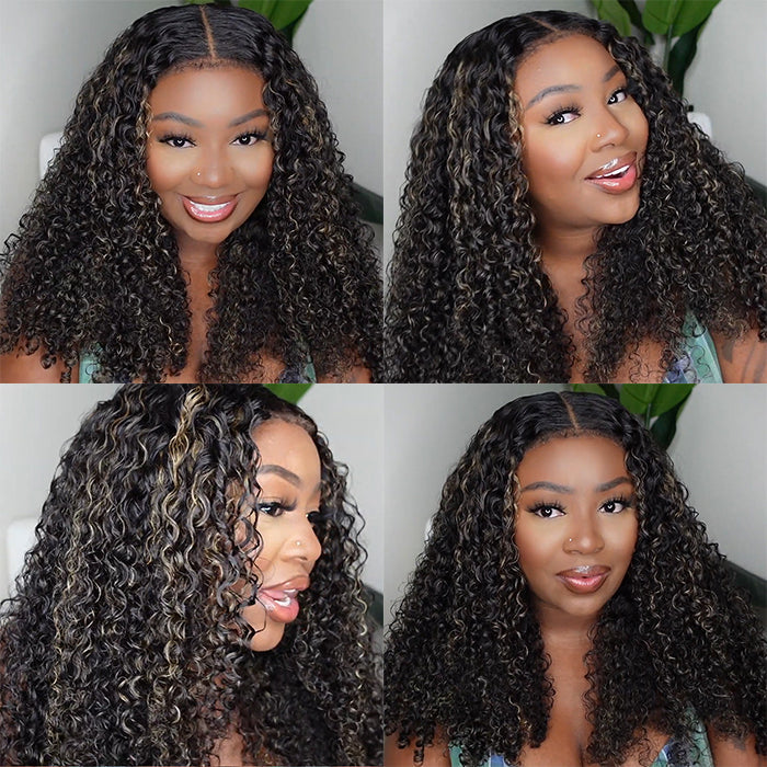 Curly Human Hair Blonde Highlight Frontal Wig - 13x4 Undetectable Lace Front - 16 / 13x4 (Normal Baby Hair) / 150% - Lyvelle