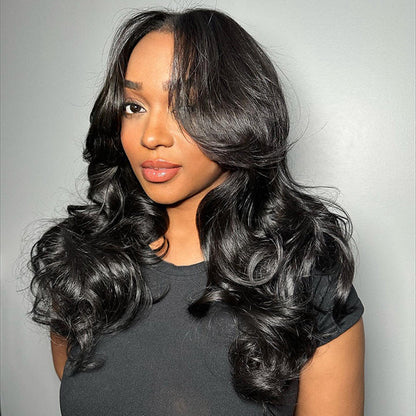 HD Lace Human Hair Wigs with Curtain Bangs and Body Wave - 13x4/13x6 Glueless Design with Pre-Bleached Knots - 16 / 5x5 Pre Cut Lace / 150% - Lyvelle