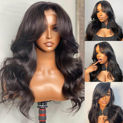 HD Lace Human Hair Wigs with Curtain Bangs and Body Wave - 13x4/13x6 Glueless Design with Pre-Bleached Knots - 16 / 5x5 Pre Cut Lace / 150% - Lyvelle