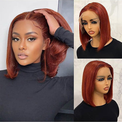 Short Bob Wig in Dark Auburn - 13x4/4x4 Lace Frontal, 150% Density Red Brown Style - 12 / 13x4 Lace / Deep Wave - Lyvelle