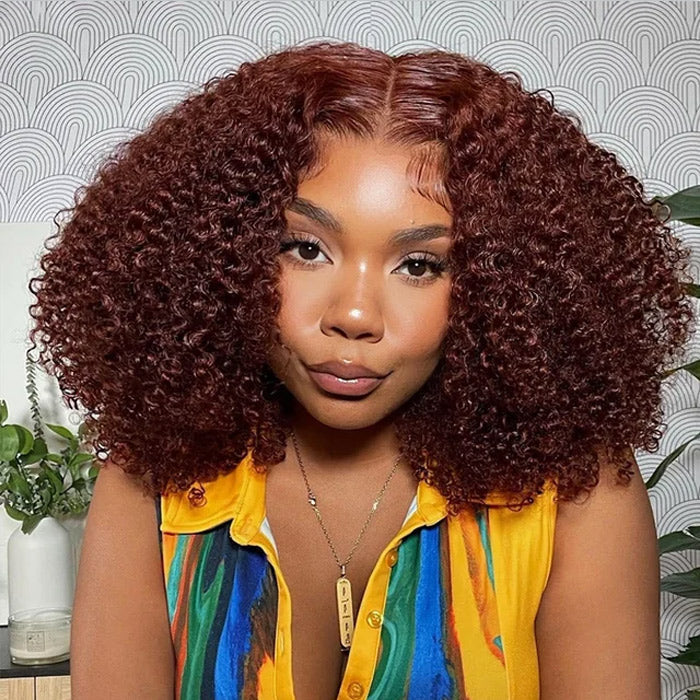 Curly Short Bob Wig in Reddish Brown - 13X4X6 HD Lace Front Human Hair with Pre-Plucked Hairline - 10 / 4x4 Lace / 150% - Lyvelle