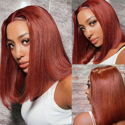 #33 Dark Auburn Straight Short Bob Wig - 13x4 Lace Frontal Red-Brown Wig with 150% Density - 10 / 4x4 Lace / 150% - Lyvelle