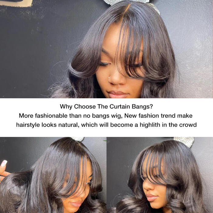 HD Lace Human Hair Wigs with Curtain Bangs and Body Wave - 13x4/13x6 Glueless Design with Pre-Bleached Knots - 16 / 5x5 Pre Cut Lace / 150% - Lyvelle