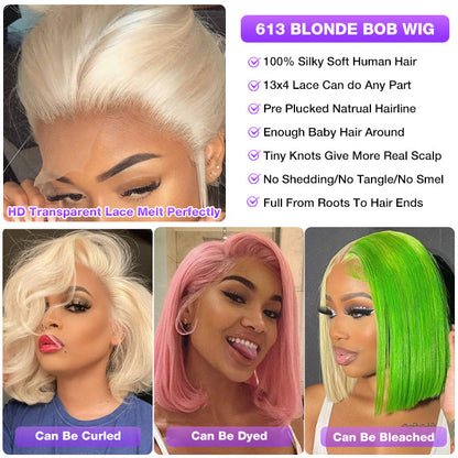 613 Blonde Straight Bob Wig - Human Hair, Pre-Plucked, Glueless Lace - 8 / 13x4 Lace / 150% - Lyvelle