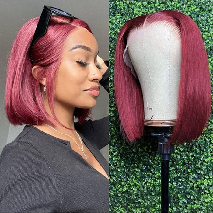 13x4 Short Bob Lace Front Wig in 99J Burgundy for Black Women - Pre-Plucked, Glueless Human Hair - 10 / 8x5 Pre Cut Lace / 150% - Lyvelle