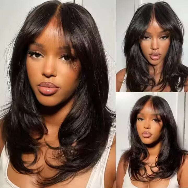 13x4 HD Lace Frontal Wig with Curtain Bangs - Butterfly Cut Straight Human Hair with Pre-Bleached Knots - 12 / 8x5 Pre Cut Lace / 150% - Lyvelle