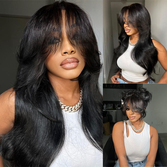 13x4 HD Lace Frontal Wig with Curtain Bangs - Butterfly Cut Straight Human Hair with Pre-Bleached Knots - 12 / 8x5 Pre Cut Lace / 150% - Lyvelle