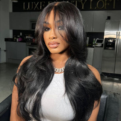 13x4 HD Lace Frontal Wig with Curtain Bangs - Butterfly Cut Straight Human Hair with Pre-Bleached Knots - 12 / 8x5 Pre Cut Lace / 150% - Lyvelle