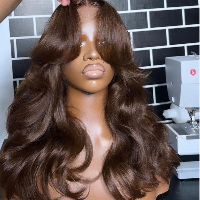 Chocolate Brown #4 13x4 HD Lace Front Body Wave Glueless Human Hair Wig with Curtain Bangs - 14 / 5x5 Glueless Lace / 150% - Lyvelle