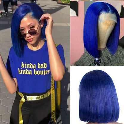 Straight Blue Bob Wig - 150% Density, 13x4 Lace Front, Natural Hairline, Human Hair - 8 / 13x4 Lace / 150% - Lyvelle