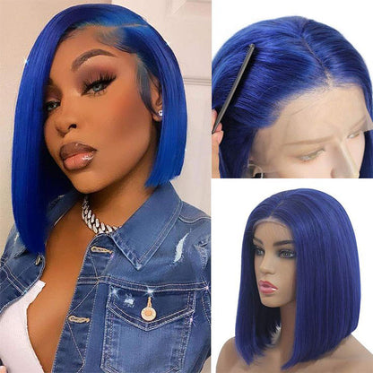 Straight Blue Bob Wig - 150% Density, 13x4 Lace Front, Natural Hairline, Human Hair - 8 / 13x4 Lace / 150% - Lyvelle